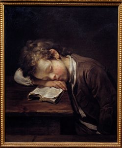 The lazy little one. Portrait of a young boy who slouches on his book. Painting by Jean Baptiste Greuze (1725-1805)