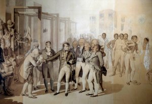 Napoleon Bonaparte, First Consul, visits the velvet factory of the Sevene brothers in Rouen, November 1802 by Jean Baptiste Isabey