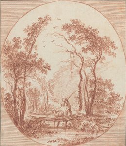 A Farmer and a Sheep Crossing a Rustic Bridge