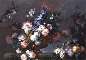 A Still Life of Fruit and Flowers with Birds
