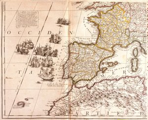 Map of the Western Mediterranean Countries: France, Spain, Portugal and North Africa, with the Balearic Islands, Corsica and Sardinia