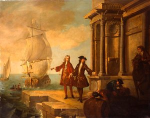European Merchants with Stevedores Handling a Barrel and a Bale on a Quay