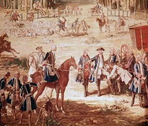 Hunt of Louis XV King Louis XV hunting in the forest of Compiegne (The Hunt of Louis XV - Tapestry) the start of the pack (detail)