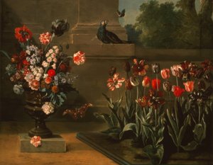 Tulip Bed and Flower Vase at the Foot of a Wall