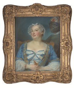Portrait of a woman in a blue dress and her black servant by Jean Baptiste Perronneau