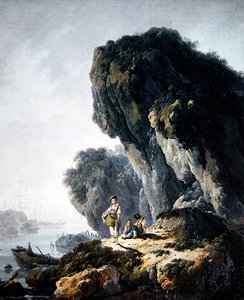 A Coastal Landscape with Figures on a Rock by Jean Baptiste Pillement