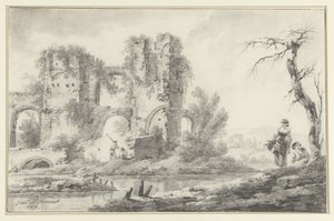 Ruin by a River with a Boy and a Girl on the Right