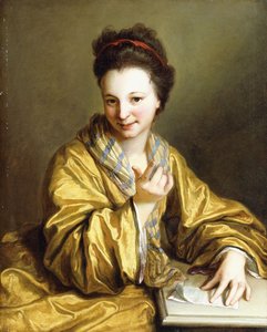 A Young Lady, Wearing a Yellow Robe, Seated at a Table, Beckoning