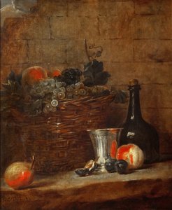 Fruit Basket with Grapes, a Silver Goblet and a Bottle, Peaches, Plums, and a Pear