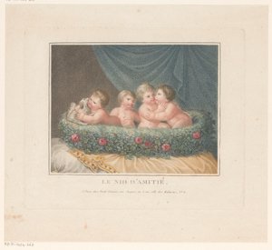 Four Putti with a Dog in a Basket of Roses on a Cushion by Jean Baptiste Verite