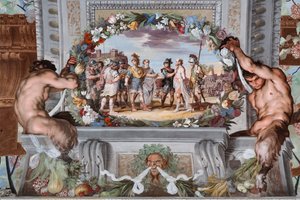 Acete, held prisoner by two soldiers, narrates the deeds of Bacchus to Pentheus and his retinue of warriors