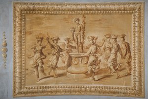 Faux gilded relief, with Bacchus placed on a circular pedestal decorated with festoons and bucrania, and surrounded by dancing canephors