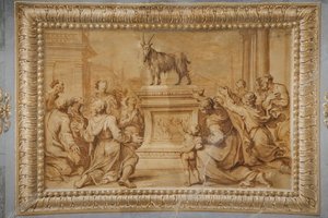 Faux gilded relief, with the goat placed on the historiated altar and surrounded by characters in adoration