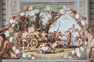The triumphal chariot of Bacchus, pulled by Panthers and accompanied by Sileni and Bacchantes