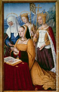 Portrait of Anne of Brittany, Queen of France, in prayer with her holy patron saint Saint Anne, Saint Helene and Saint Ursule. Miniature from 