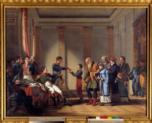 Charity of Emperor Napoleon I (1769-1821) during the Polish campaign in January 1807: Emperor giving a pension of a hundred napoleons to Nerocki, age 117. Painting by John Charles Tardieu (19th century) by Jean Charles Tardieu