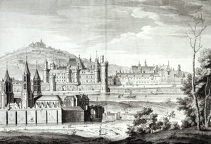 View of the Abbey of Saint-Germain-des-Pres, the Louvre, Petit Bourbon, Montmartre and the Seine in 1410, engraved by Antoine Herisset by Jean Chaufourier