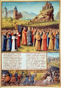 Second Crusade (1147-1149): King Louis VII taking the cross at Vezelay in the presence of Saint Bernard de Clairvaux and the bishop of Versailles on 31/03/1146. Many barons also took the cross by Jean Colombe
