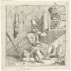 Man Sitting in the Kitchen on an Upside-Down Tub Eating by Jean Covitré