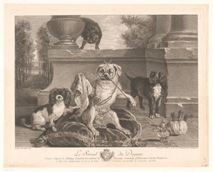 Three Dogs, One Dressed Up, on a Patio (title on object: Le Serrail du Doguin)