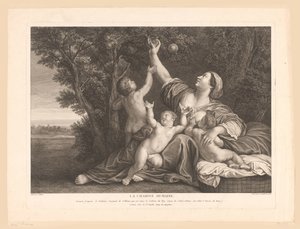 Mother with Child at the Breast While Picking Pomegranates for Her Children. Human Charity.
