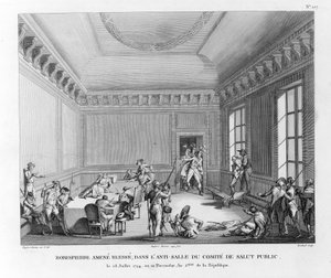Robespierre wounded, brought into the antechamber of the Committee of Public Safety on July 28, 1794, engraved by Pierre Gabriel Berthault