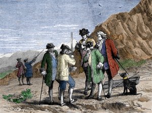 Florin Perier measuring the height Barometer (mercury tube) of Evangelista Torricelli or Toricelli during the experiment on the gravity of the air of Blaise Pascal, at the top of the Puy de Dome (1648). Engraving by Yan Dargent
