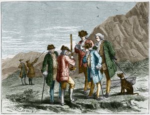 Florin Perier measuring the height of the Barometer (mercury tube) of Evangelista Torricelli during the experiment on the gravity of the air by Blaise Pascal, at the top of the Puy de Dome (1648). Engraving by Yan Dargent