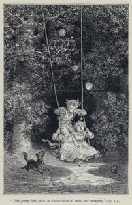 "Two pretty little girls, in dresses white as snow, are swinging"
