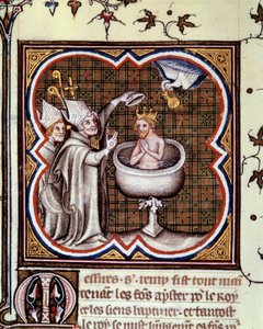 Baptism of Clovis by Saint Remy at Reims in 496: the Holy Spirit brings the holy bulb containing the holy chrism used for the anointing of kings. Miniature in Grandes Chroniques de France by Jean Fouquet