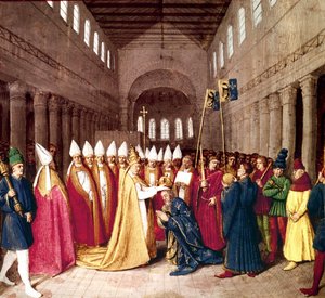 Coronation of Emperor Charlemagne on the 25th December, 800 in Rome by Pope Leo III, illumination from Les Grandes Chroniques de France by Jean Fouquet, c. 1455-1460