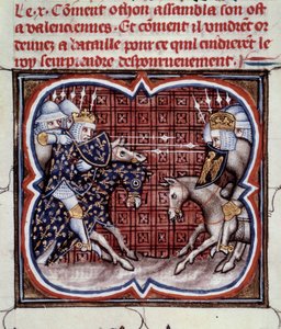 Franco-English War (1202-1214): the Battle of Bouvines on 27/07/1214 between the French army of Philippe Auguste and the Flemish and Welfs of Othon IV. The French victory was decisive in the outcome of the war. Miniature from 