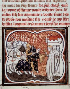 Queen Constance of Arles surrenders to her son Henry I King of France. Miniature from Les Grandes Chroniques de France by Jean Fouquet, Paris, BN by Jean Fouquet
