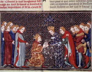The tribute of King Edward III of England to Philip VI of Valois, King of France, in 1330. Miniature from 
