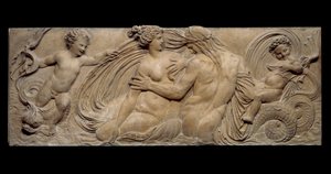 Nymph and little genie rides on a marine horse; Nymph and Triton surrounded by two small genies. Low relief. Stone sculpture