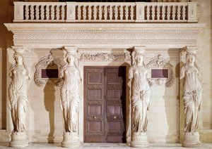 Renaissance architecture: the balcony of the Cariatides. Stone sculpture by Jean Goujon (16th century) Paris, Louvre Museum