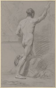 Standing Male Nude, Left Knee on a Rock, Right Arm Raised by Jean Grandjean