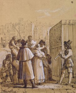 Spectators Watching a Pulcinella Show Near the Pont des Arts in Paris by Jean Henri Marlet