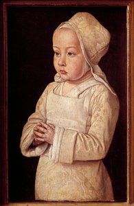 Portrait of Suzanne de Bourbon (1491-1521) called Child in Prayer, daughter of Anne of France and Pierre II of Bourbon. Painting by Master of Moulins or Jean Hey (1450-1505)