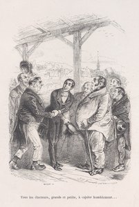 All voters, big and small, gather to humbly coax each other... from the Little Miseries of..., 1843 by Jean Ignace Isidore Gérard