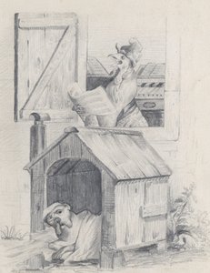 Dog in Doghouse, Cock Singing at Window, ca. 1842