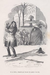 He gets up, covered from head to toe in snow, from the Little Miseries of Human Life, 1843