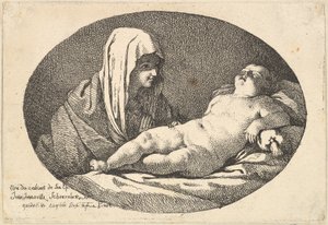 The Virgin at left watching the infant Christ as he sleeps, an oval composition by Jean Jacques Lagrenee