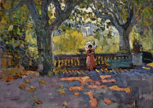 Young woman has the umbrella on the shaded terrace