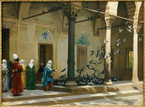 Harem Women Feeding Pigeons in a Courtyard