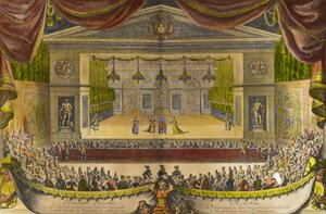 Representation of the Imaginary Invalid in Versailles. The play by Moliere in front of the cave of Thetis in the gardens of Versailles in the presence of King Louis XIV by Jean Lepautre