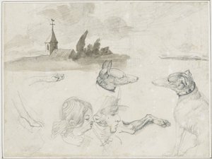 Sheet of Sketches: Greyhounds; A Male and a Female Head by Jean Louis André Théodore Géricault