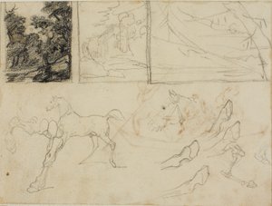 Sheet of Sketches: Three Landscapes, Horses, and Hooves