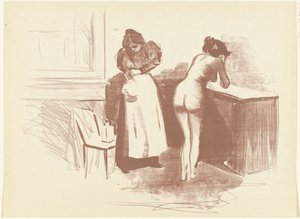 Naked Woman Washing Herself with Servant Standing Beside Her Croquis La Friction au gant de crin L