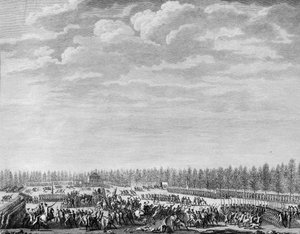 French Revolution: Gilbert du Motier, Marquis de la Fayette (1757-1834) had two hundred soldiers disarmed for indiscipline at the Champs Elysees in Paris on 12 January 1790. Engraving by Berthaut after Prior. Paris, Library of the Institute of History of R by Jean Louis II (after) Prieur